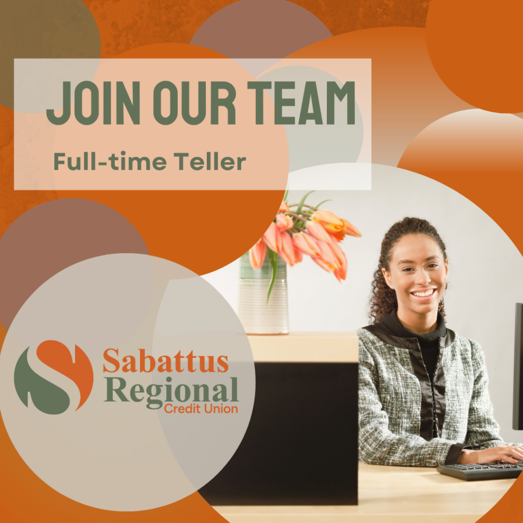 Photo of woman siting at desk with her hands on keyboard. Text says "Join Our Team. Full-time teller".